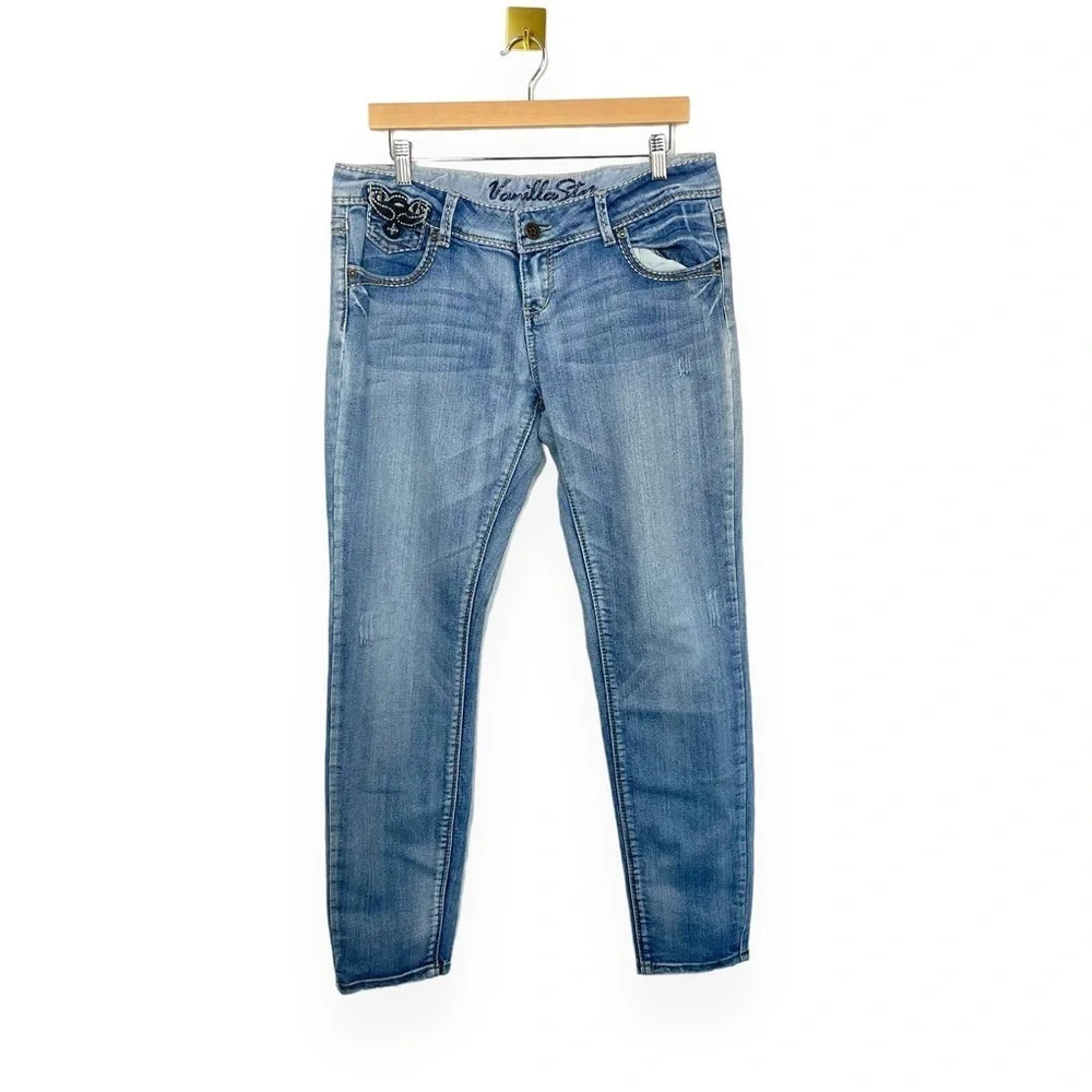 Y2K Embellished Pocket Straight Leg Jeans Light Wash Size 15